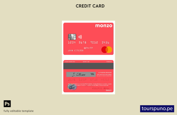 lista para imprimir plantilla de tarjeta mastercard de débito bancario Monzo del